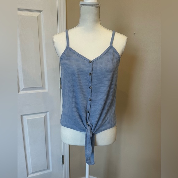 Hippie Rose Blue Waffle Knit Button Front Tie Hem Tank Top Size Large - Picture 2 of 6
